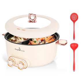 6L 1.59Gal Electric Hot Pot With Divider And Lid 2000W Stainless Steel With 2 Heat Settings Independent Control Overheat Protection Ladle & Slotted Sp