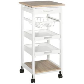 Rolling Kitchen Cart Kitchen Trolley, Mobile Prep Station with Drawer, Shelves, Basket, White