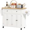 Kitchen Island on Wheels, Rolling Cart with Rubberwood Top, Spice Rack, Towel Rack and Drawers, Cream White